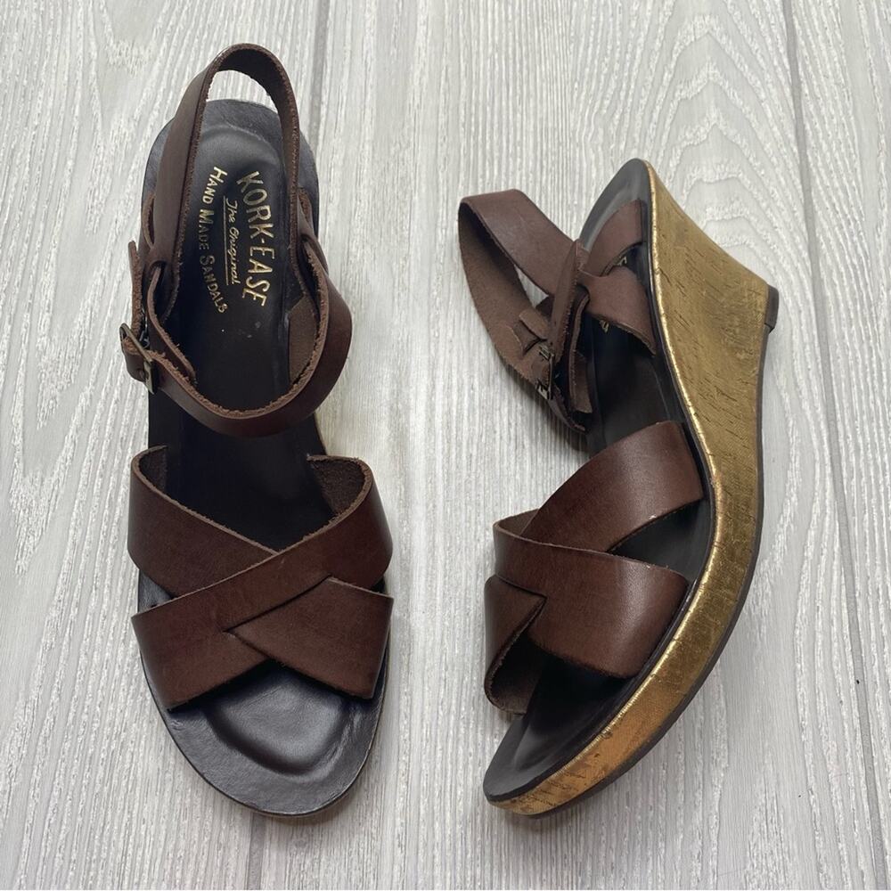 KORK-EASE WOMEN'S TAMARA BROWN LEATHER STRAPPY GOLD CORK WEDGE SANDALS SIZE 9